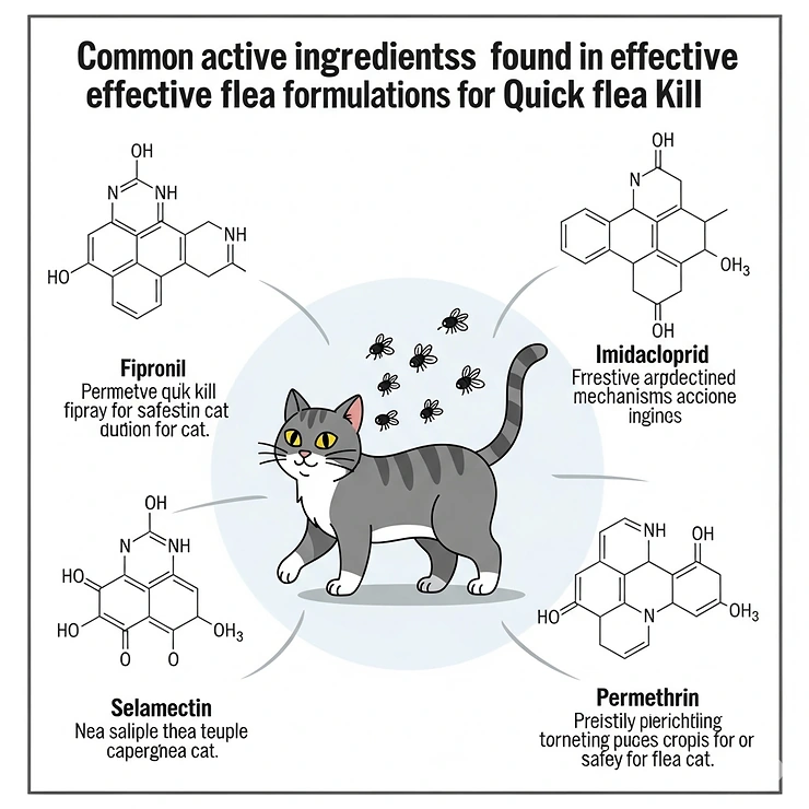Simplified illustration explaining common active ingredients found in effective cat flea spray formulations for quick flea kill.