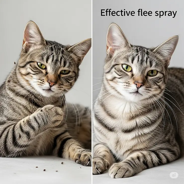 Visual comparison of a cat infested with fleas versus a healthy, happy cat after effective cat flea spray treatment.