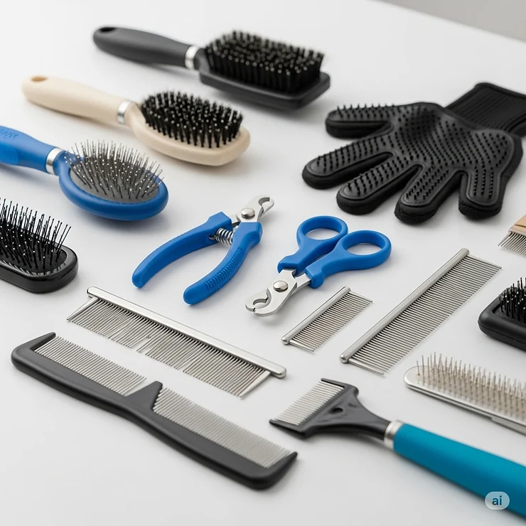 A variety of essential cat grooming accessories neatly arranged, including brushes, combs, nail clippers, and a grooming glove.
