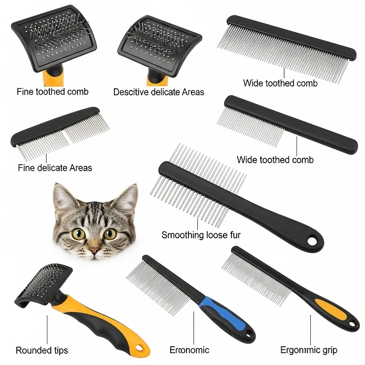 Different types of cat combs, including fine-toothed and wide-toothed, for detangling and smoothing fur.