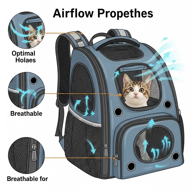 Detailed illustration highlighting the multiple ventilation holes and mesh windows on a cat hiking backpack for optimal airflow.