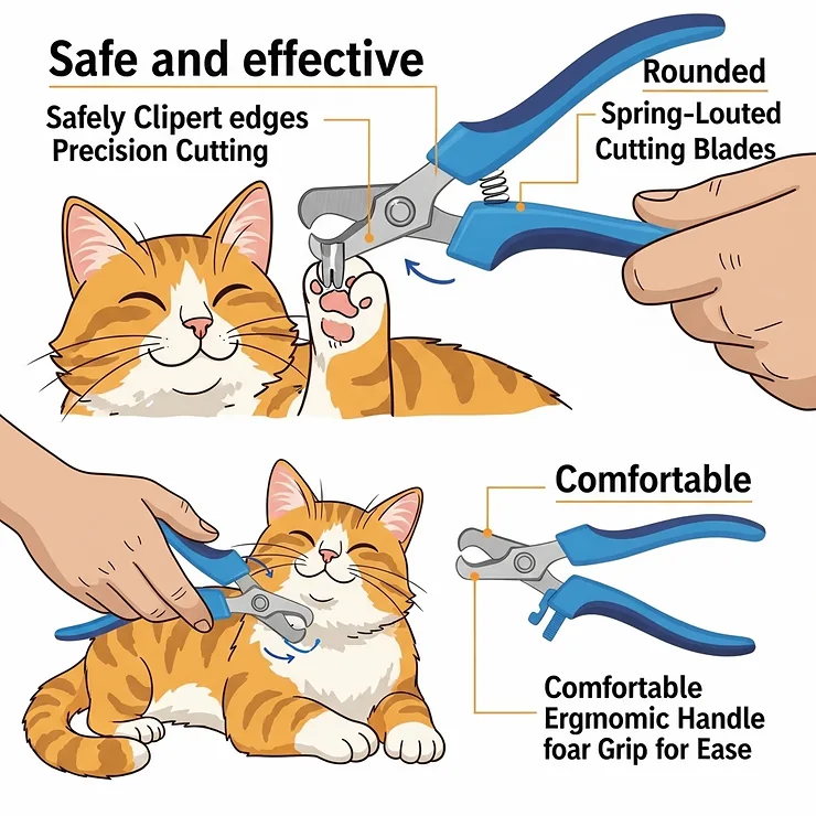 Illustration of safe and effective cat nail clippers, a key tool for feline paw care.