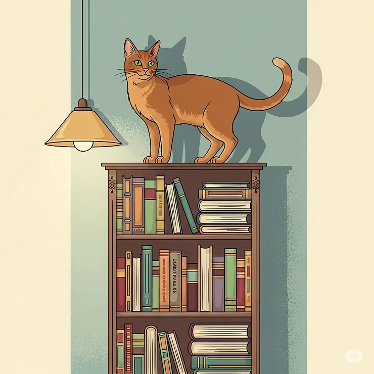 An illustration of a domestic cat gracefully perched on a high bookshelf, highlighting their natural instinct to seek out elevated perching spots within the home.