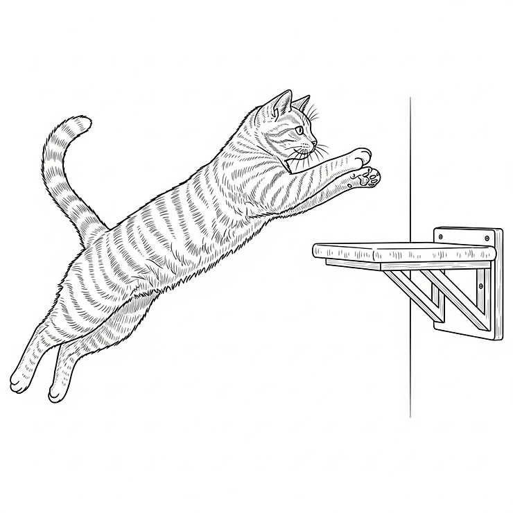 A line drawing of a playful cat gracefully jumping onto a single, sturdy wall-mounted cat perch, demonstrating how these elevated spaces offer exercise and new vantage points for cats.