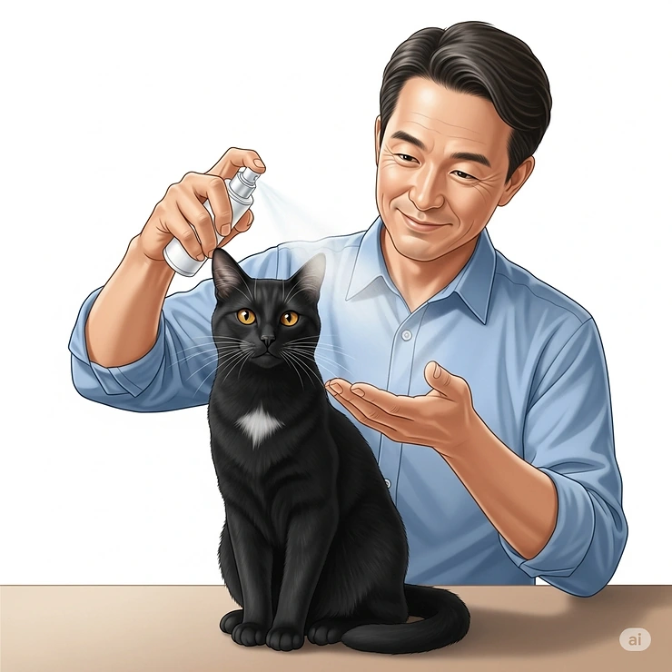 Illustration of a cat owner carefully applying a specialized cat perfume to their pet, demonstrating proper and gentle application techniques.