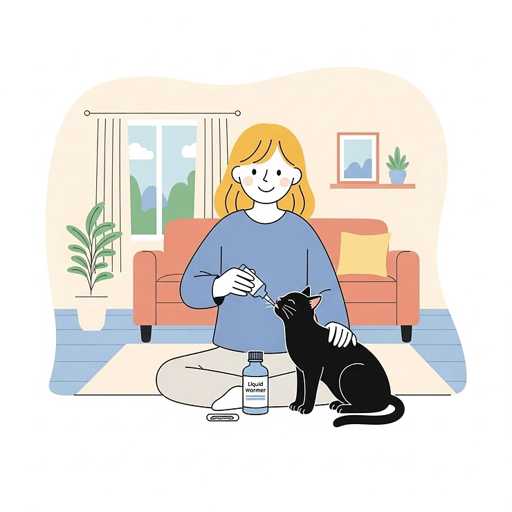 A simplified illustration showing a cat owner confidently administering liquid wormer to their cat in a home setting, demonstrating ease of use.