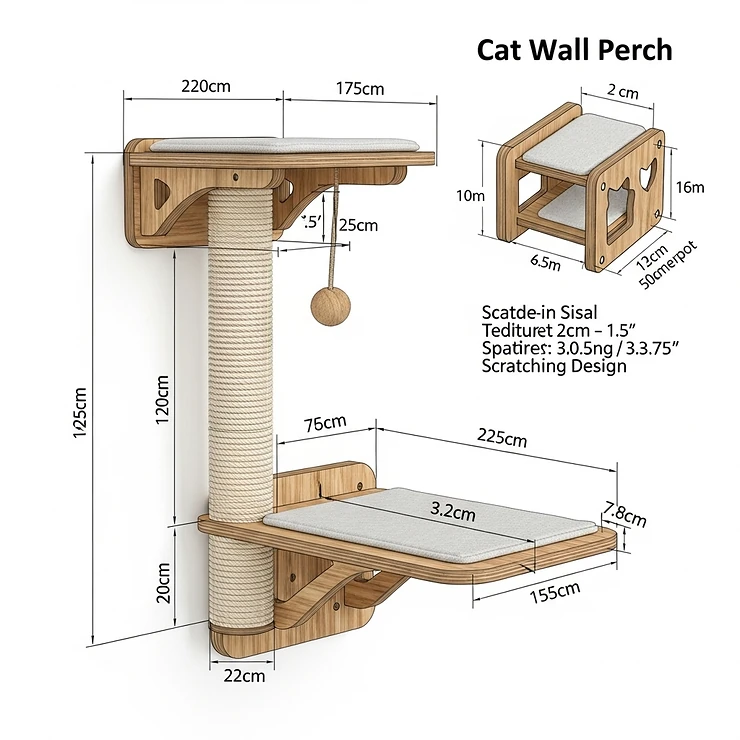 A detailed drawing of a cat wall perch design that incorporates a built-in sisal scratching post, offering both an elevated resting area and an outlet for a cat's natural scratching instincts.
