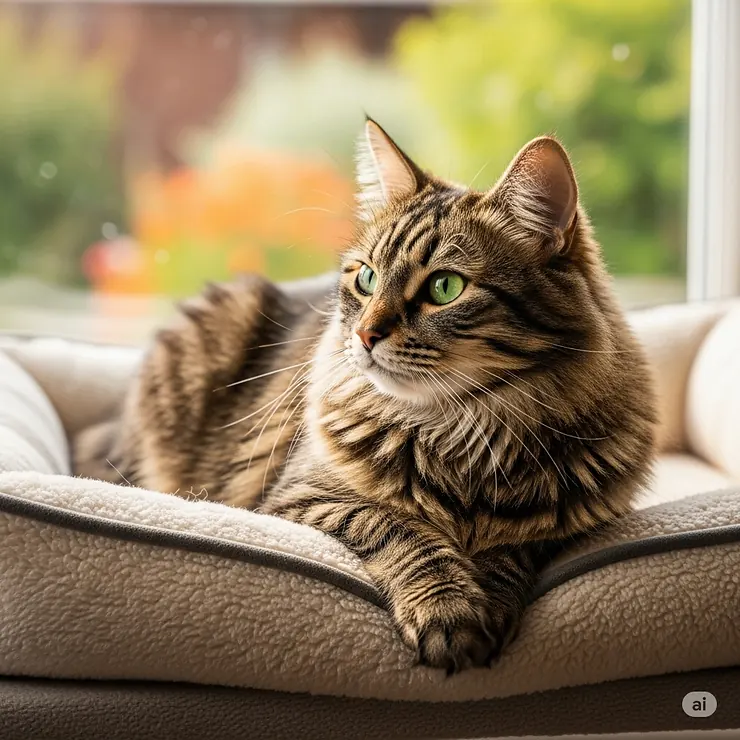 A fluffy tabby cat comfortably perches on a plush window bed, gazing outdoors. This elevated cat perch offers an ideal spot for sunbathing and birdwatching.