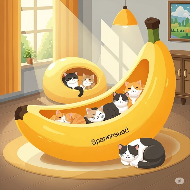An illustration highlighting the spacious design and generous dimensions of a large banana-shaped cat bed, ideal for cats of all sizes.