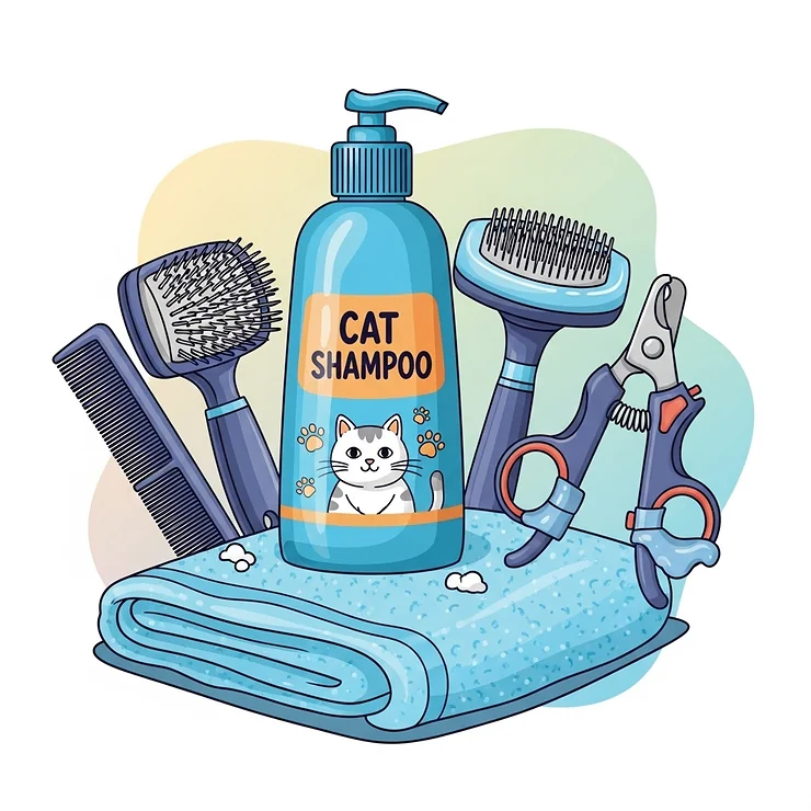 Illustration showing a bottle of cat shampoo alongside grooming tools like a brush, indicating a complete grooming routine.