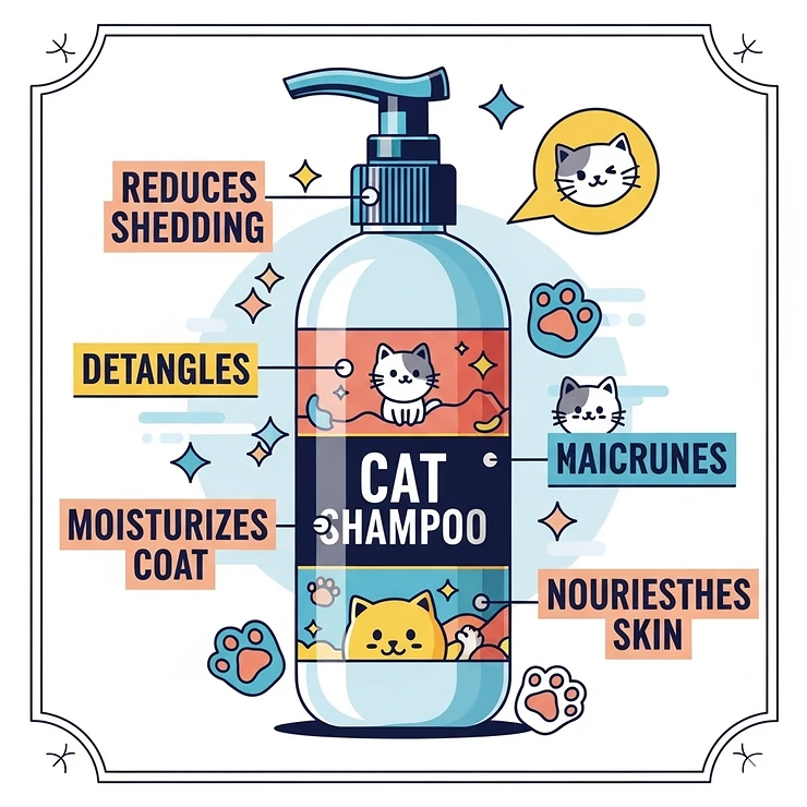 Stylized illustration of a cat shampoo bottle with callouts highlighting key features relevant to shedding, such as "reduces shedding," "detangles," or "moisturizes coat."