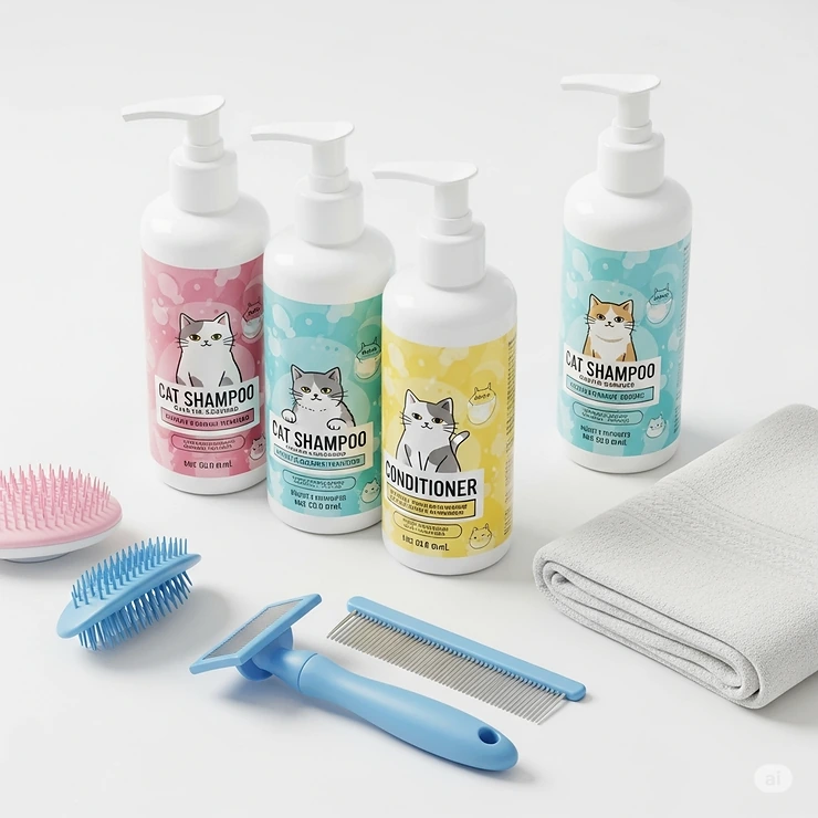 Bottles of gentle cat shampoo and conditioner, essential bathing accessories for feline hygiene.