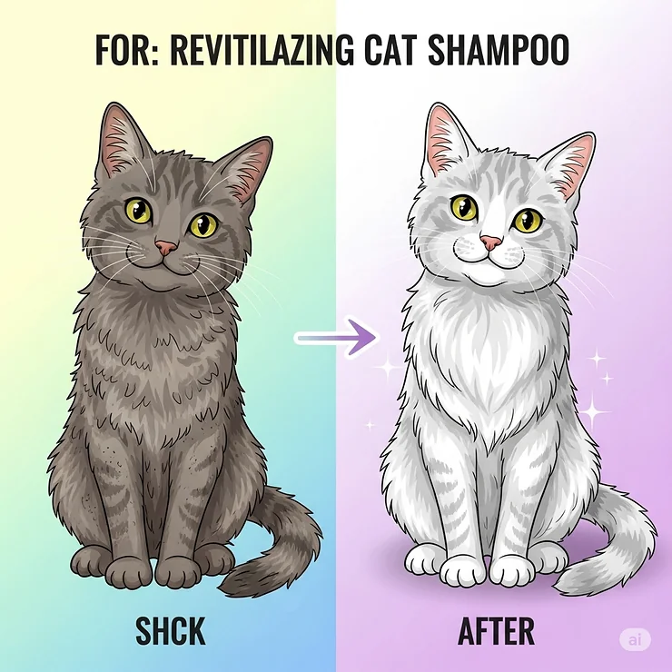 Illustration of a cat with a dull, lifeless coat, emphasizing how the best cat shampoo can restore shine and vitality.