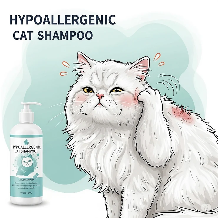 Illustration of a cat scratching due to itchy skin, highlighting the need for a soothing, hypoallergenic cat shampoo.