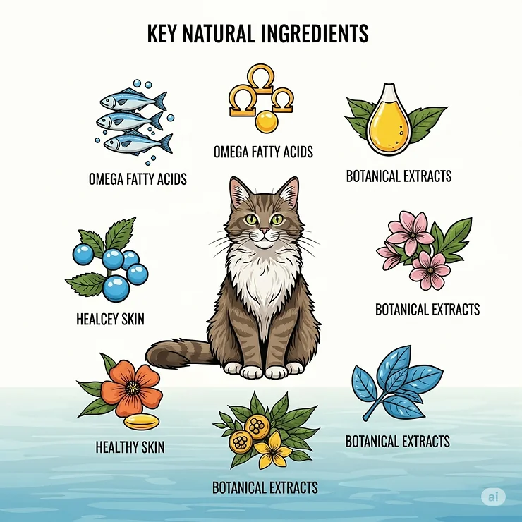 Graphic showcasing key natural ingredients often found in effective anti-shedding cat shampoos, such as omega fatty acids or botanical extracts, highlighting their benefits for skin and coat health.