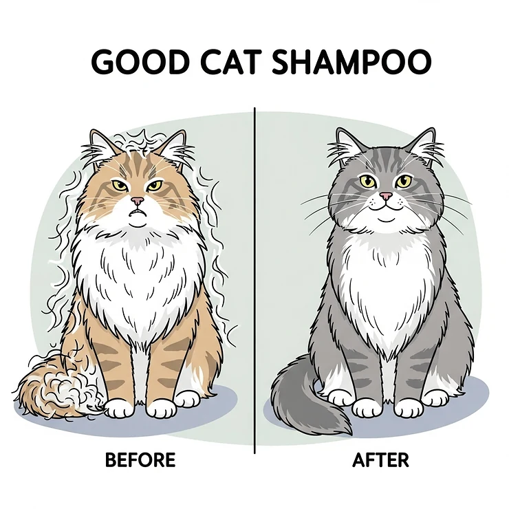 Illustration showing a cat with excessive loose fur on one side (before) and a sleek, well-groomed cat with significantly less shedding on the other (after), demonstrating the benefits of a good cat shampoo for shedding.