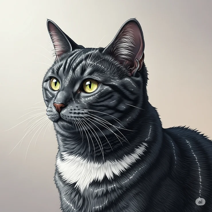 Illustration of a cat with a remarkably shiny and healthy coat, achieved through regular use of a high-quality feline shampoo.
