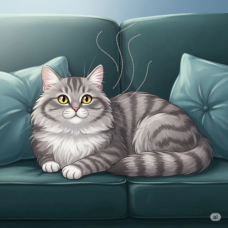 Illustration of a relaxed cat sitting on a couch, with subtle scent lines emanating, indicating a fresh and clean smell from cat perfume.