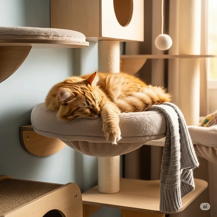 Cozy cat napping peacefully on a soft, elevated wall mounted cat perch, part of a modular tower system.