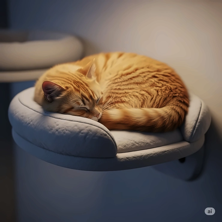 An artistic rendering of a peaceful cat curled up and sleeping soundly on a plush, wall-mounted cat perch, highlighting the comfort and security these elevated beds provide for feline rest.