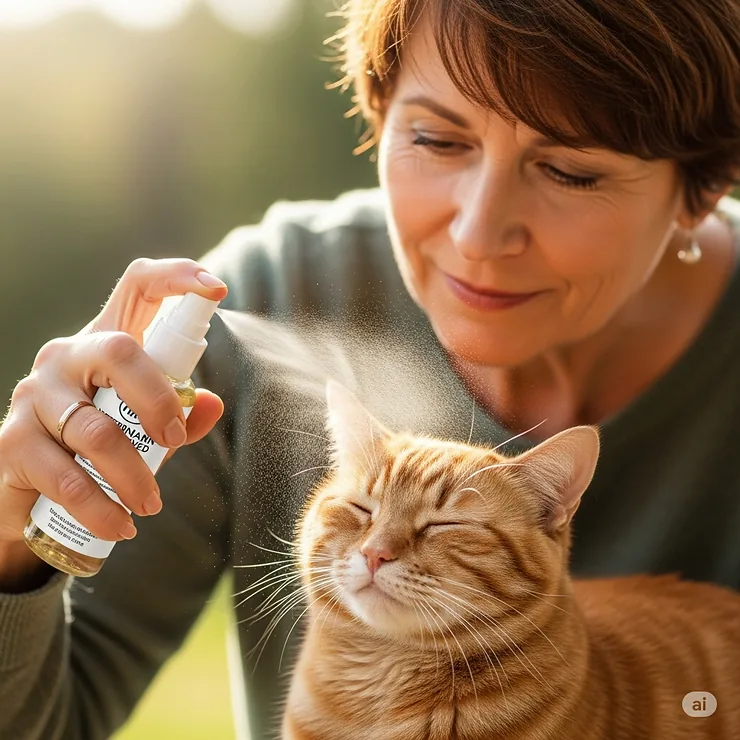 A person gently spraying a veterinarian-approved cat perfume onto a contented cat's fur, highlighting safe and pleasant scent application for felines.