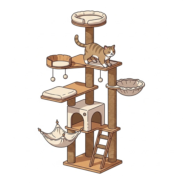 Illustration of a floor-to-ceiling cat tower with designated activity zones: sleeping hammock, scratching post, climbing platforms, and lookout perch.