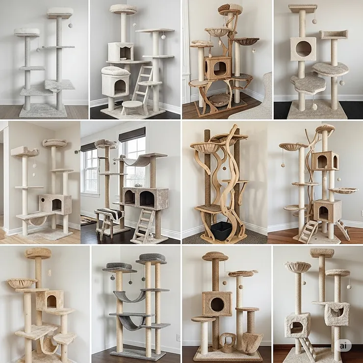 Collage of various floor-to-ceiling cat tower designs, from minimalist to elaborate, showcasing different aesthetic styles.