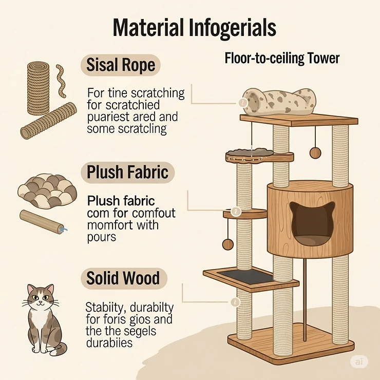 Infographic showcasing different material options for a floor-to-ceiling cat tower, including sisal rope, plush fabric, and solid wood.