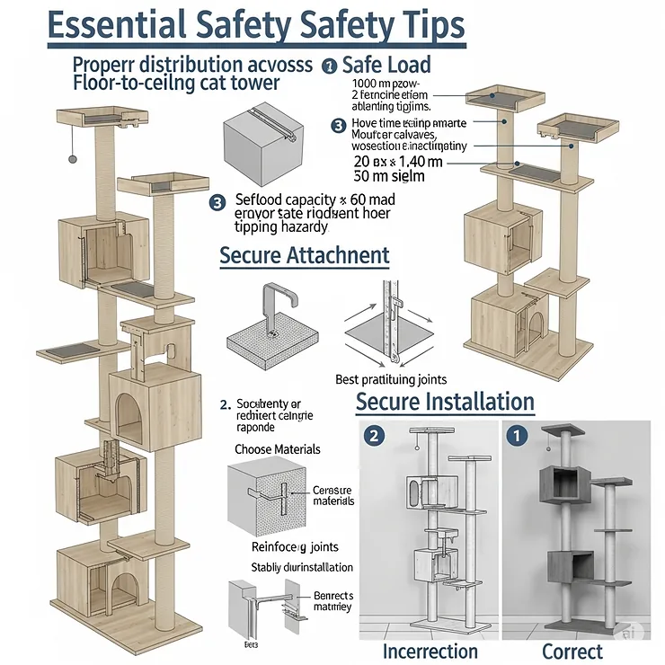 Visual guide on essential safety tips for floor-to-ceiling cat towers, including proper weight distribution and secure wall attachment.