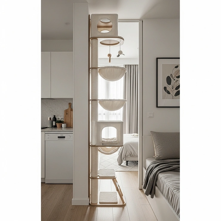 Image depicting a sleek floor-to-ceiling cat tower as an ideal space-saving solution for apartments and small living areas.