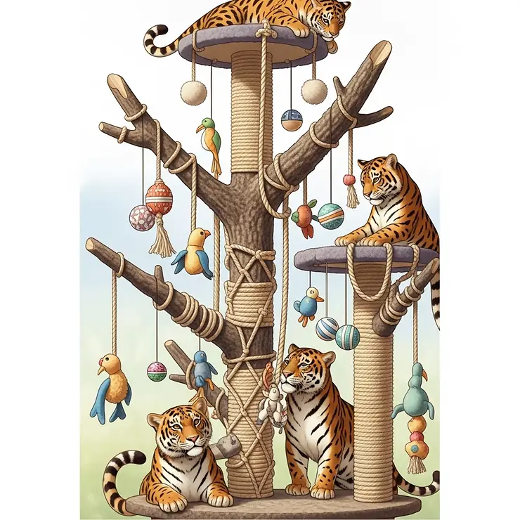 An illustration showing engaging play features like durable ropes and dangling toys on a large cat tree, designed to entertain active big cats.