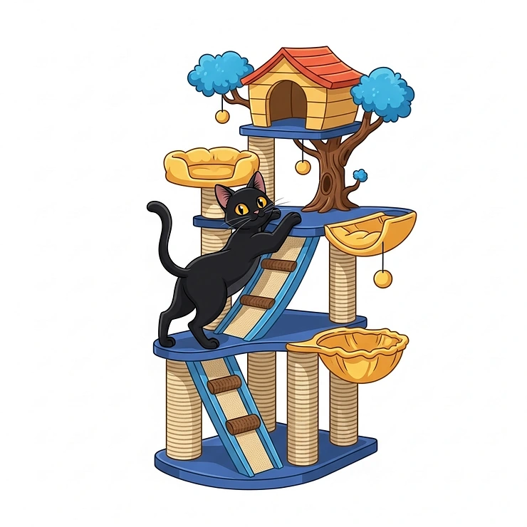 Dynamic illustration of a cat playfully climbing a ramp on a cat tree treehouse, highlighting its engaging and accessible design.
