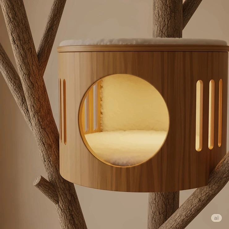 Close-up illustration of a comfortable, enclosed hideaway within a cat tree treehouse, perfect for a cat to nap securely.