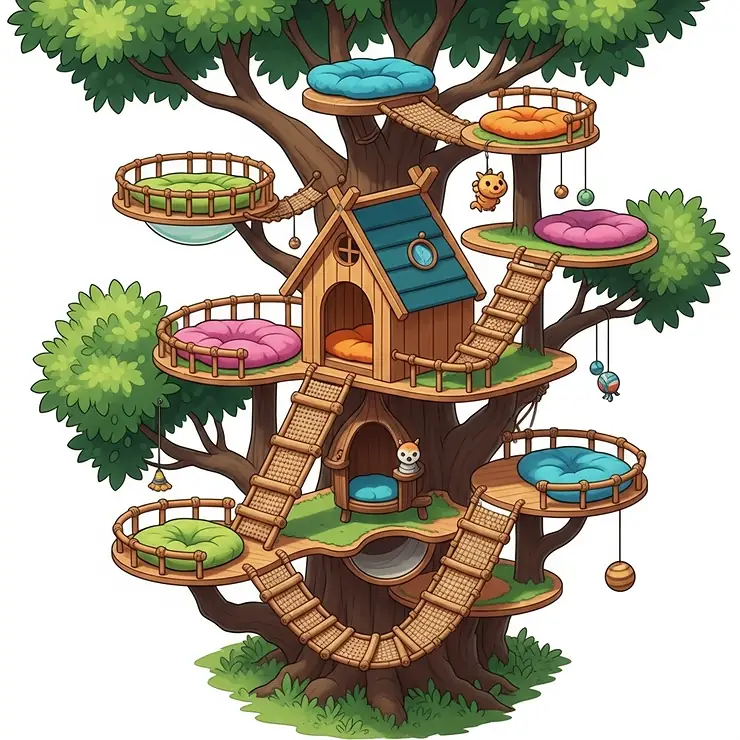 Detailed illustration of a whimsical cat tree treehouse, showcasing various platforms, ramps, and a small, enclosed house for cats to explore.