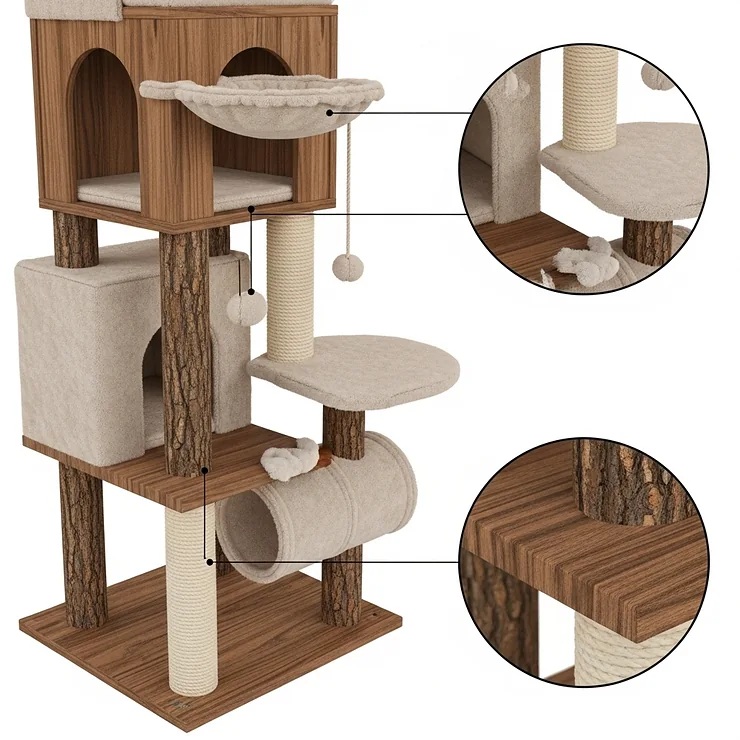 Detailed illustration showcasing the quality construction materials of a cat tree treehouse, including soft plush fabric and sturdy wood components.