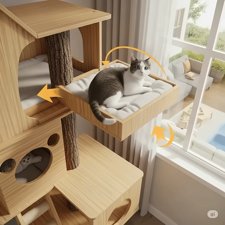 Illustration of an elevated perch on a cat tree treehouse, offering cats a high vantage point to observe their surroundings.