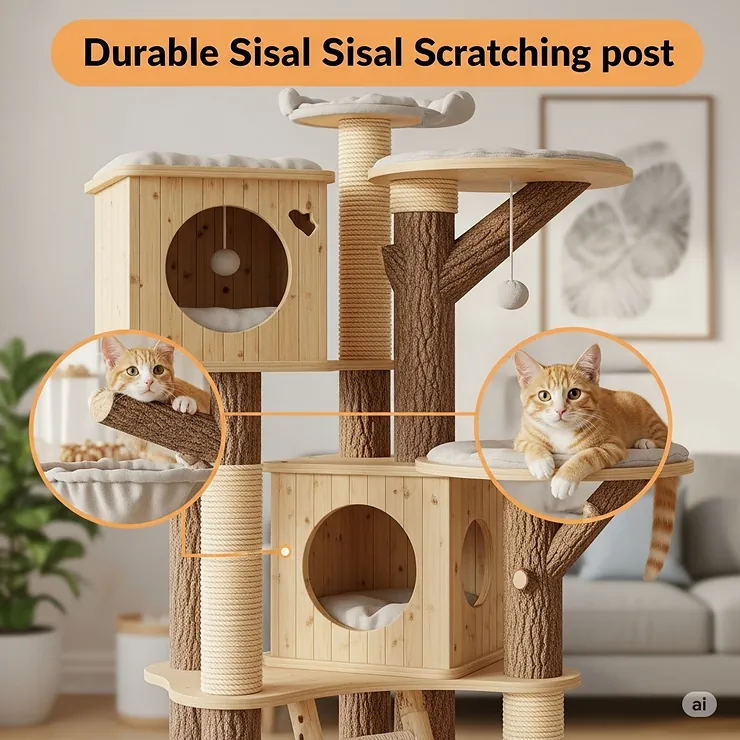 Illustration highlighting a durable sisal scratching post integrated into a cat tree treehouse, essential for feline claw health.
