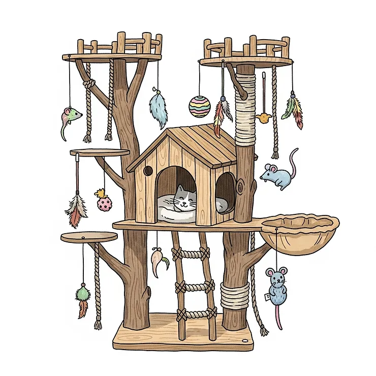 Illustration depicting playful dangling toys and ropes attached to a cat tree treehouse, encouraging interactive play for cats.