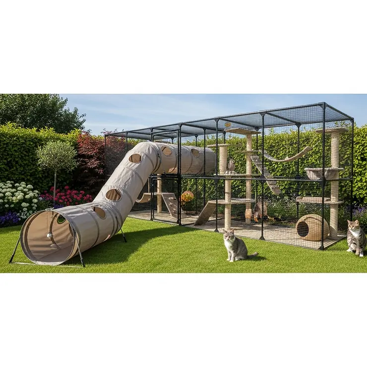 An outdoor tunnel for cats securely connects to a catio, expanding safe exploration space for felines in a protected environment.