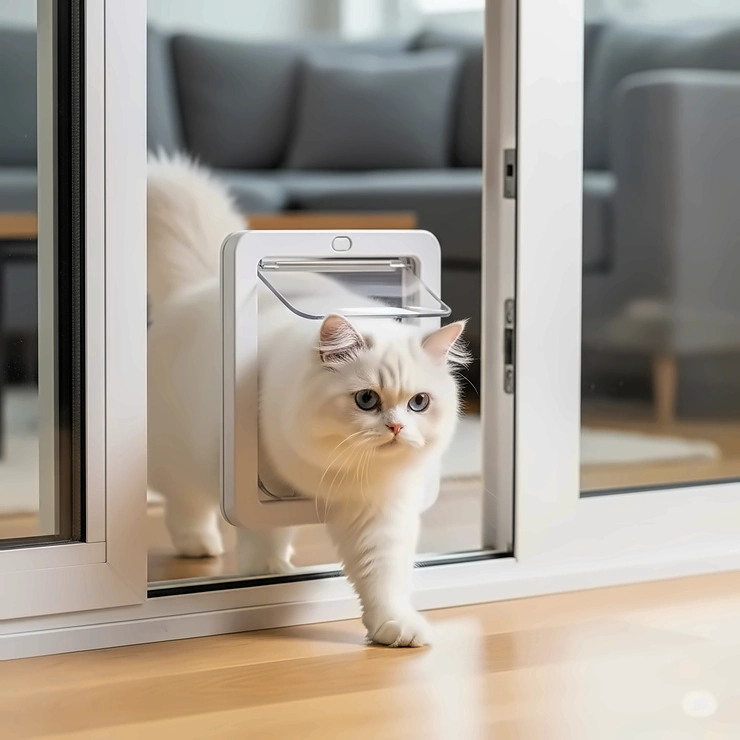 A fluffy Persian cat confidently using a newly installed cat door designed specifically for sliding glass doors, demonstrating its ease of use for pets.
