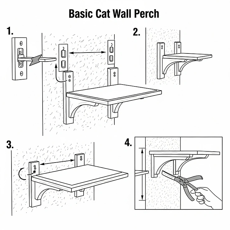 A simple, step-by-step diagram showing the basic installation process for a standard cat wall perch, including mounting brackets and securing the shelf to the wall studs, for DIY cat furniture projects.