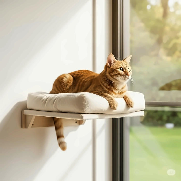 A cozy cat wall perch featuring a soft cushion, securely mounted to a light-colored wall, with a content domestic short-haired cat comfortably lounging on it, looking out a window. This modern cat furniture provides an elevated resting and viewing spot for felines.