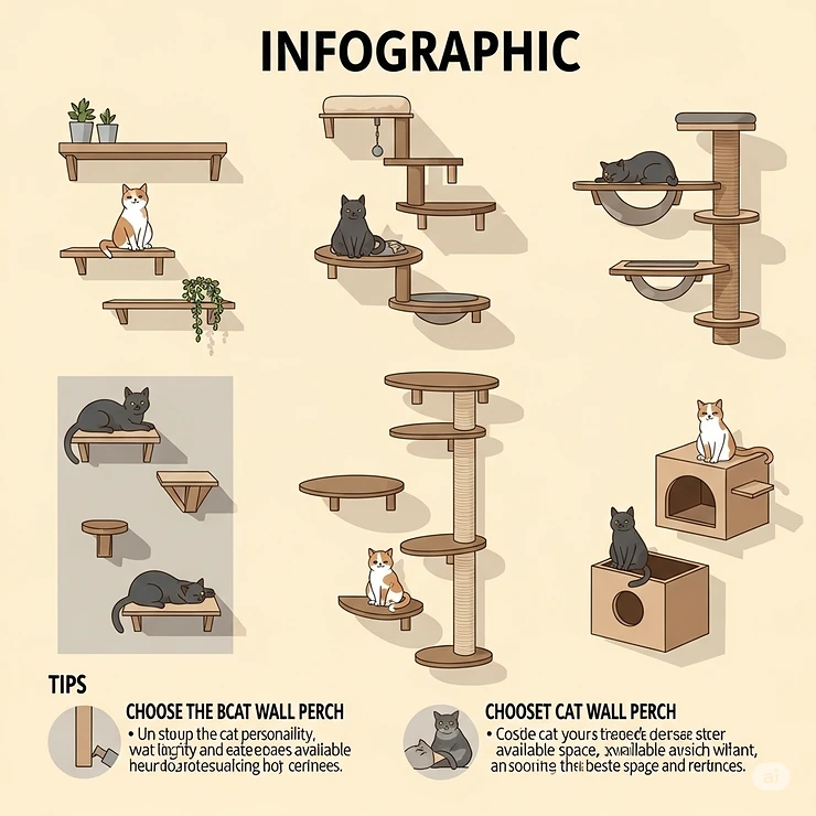 An infographic illustrating various styles of cat wall perches, including minimalist floating shelves, multi-level climbing platforms, and enclosed box perches, showcasing the diverse options available for cat owners.