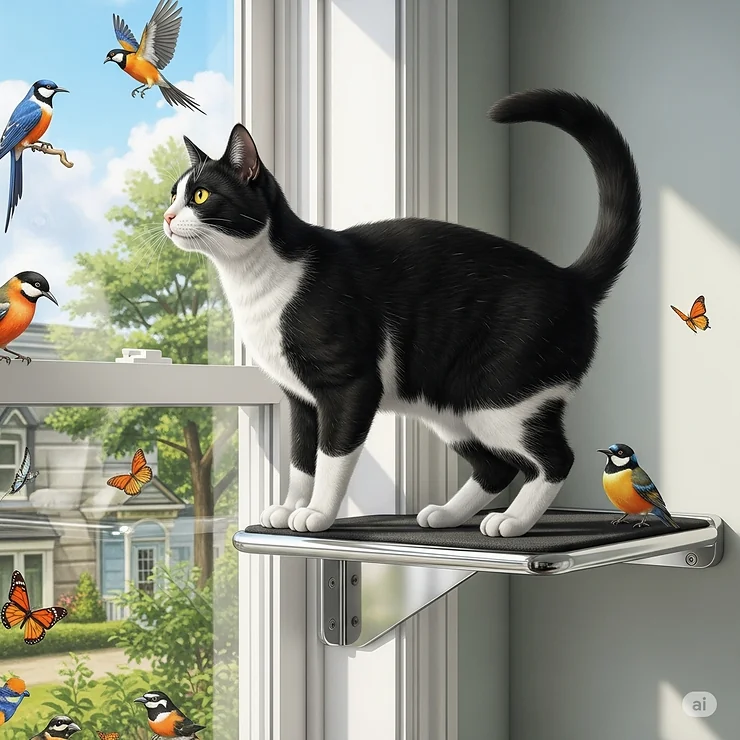 An illustration of a curious cat perched confidently on a window-adjacent wall perch, gazing outside, emphasizing how these elevated platforms offer cats an ideal spot for birdwatching and outdoor observation.
