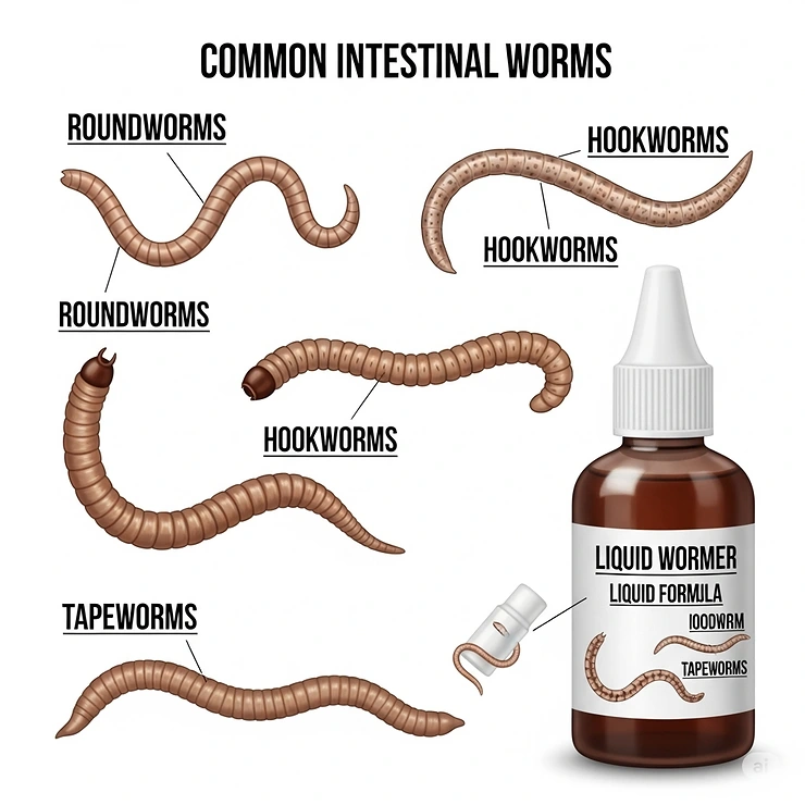 Informative illustration showcasing various types of common intestinal worms affecting cats, such as roundworms, hookworms, and tapeworms, which liquid wormer targets.