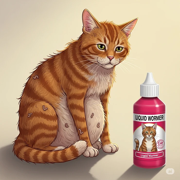 An illustration depicting a cat showing common signs of worms, such as a bloated belly, dull coat, and lethargy, indicating the need for liquid wormer.