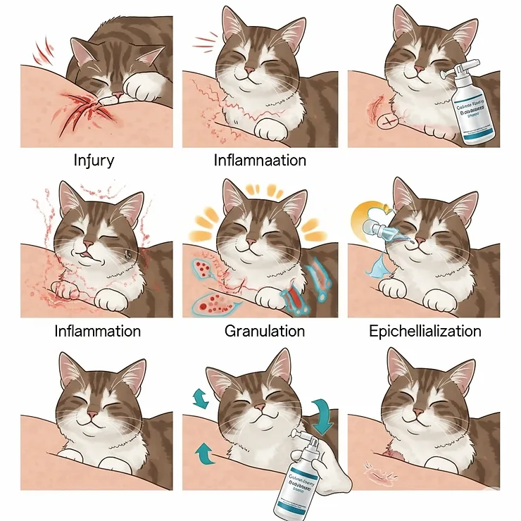 An illustration depicting the stages of a cat wound healing process, showing how a quality cat wound spray supports recovery from initial injury to full repair.