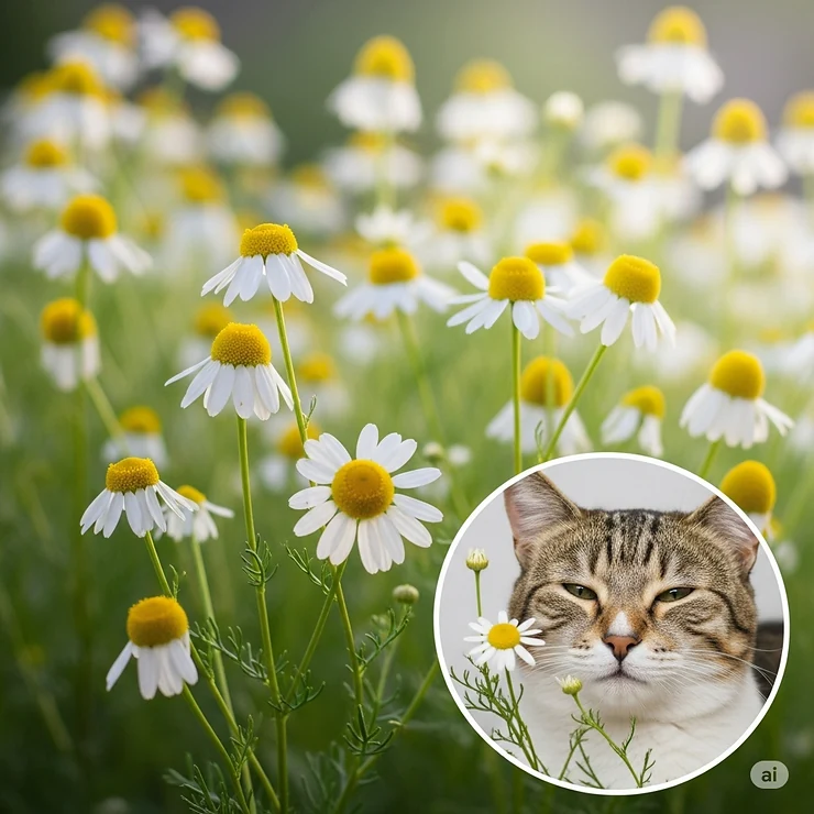 Delicate chamomile flowers and leaves, representing the soothing and mild natural deworming properties that can benefit cats.