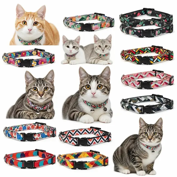 An assortment of stylish and colorful breakaway cat collars in various patterns, offering both safety and fashion.