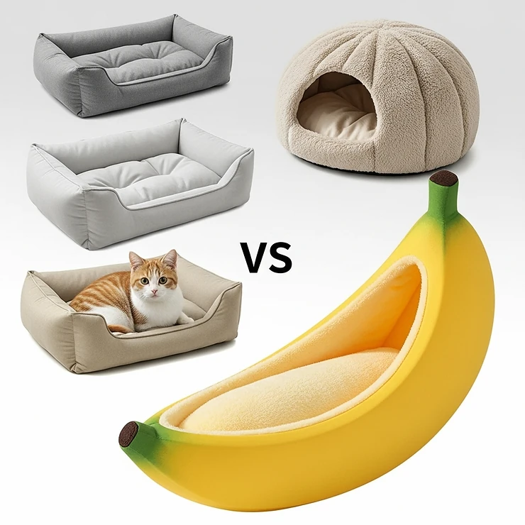 A visual comparison showing the unique, appealing design of the banana cat bed next to traditional pet beds, highlighting its distinctive shape and comfort.